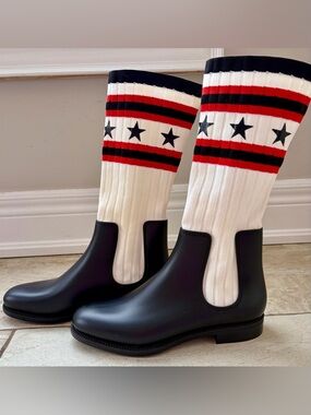 NWOT Givenchy Storm Chelsea Rain Boots with White Red & Black Star Knit. Sz 37